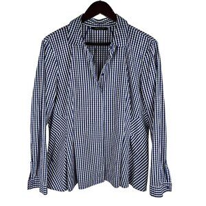 Lafayette 148 New York Shirt Sz Large Blue Gingham Check Button-Up Tailored